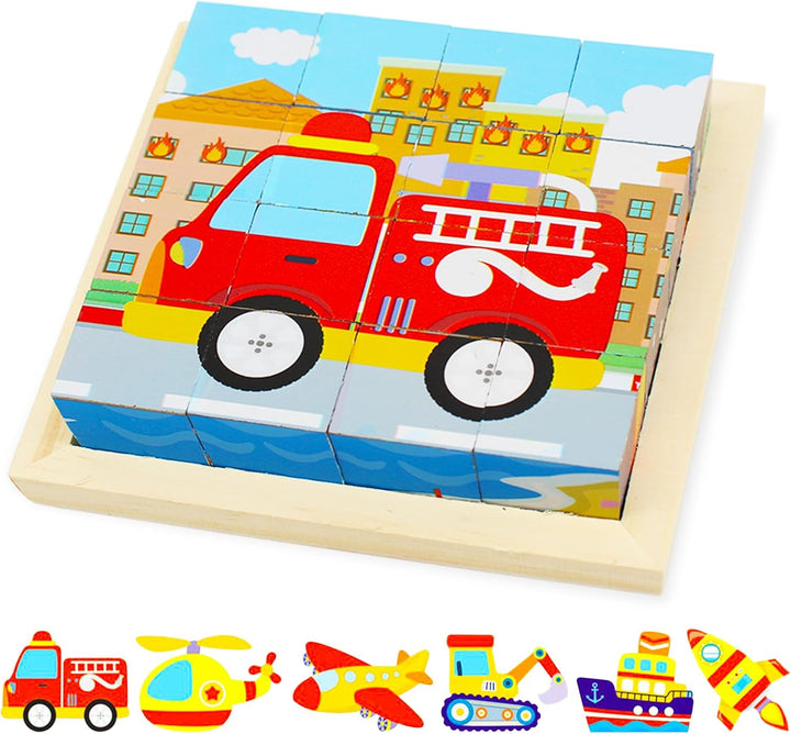 Vehicle wooden block puzzle showing a red fire engine, with six vehicle pictures below.