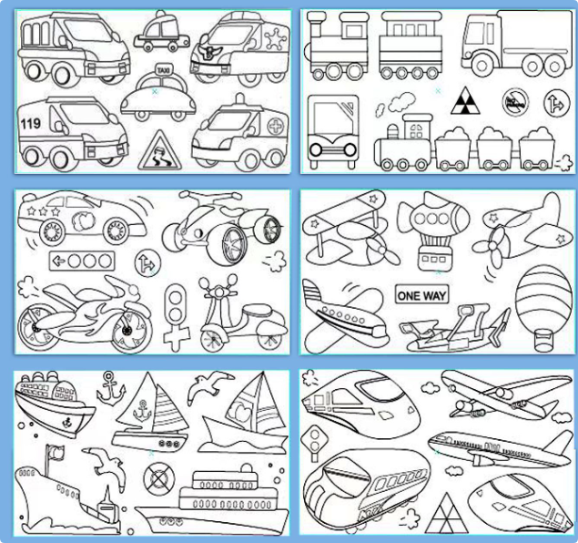 Six panels of vehicle outlines featuring cars, trains, motorcycles, boats, and aircraft