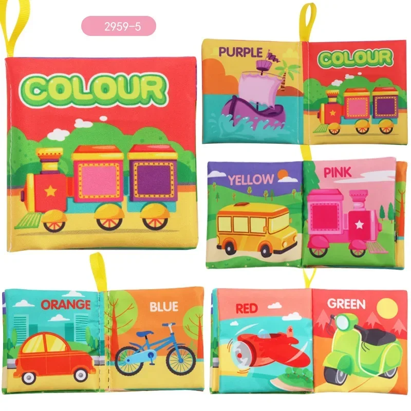 Vehicle-themed color fabric book with labeled purple, yellow, pink, orange, blue, red and green pages