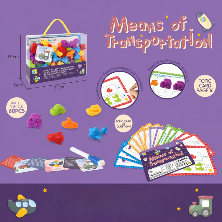 Vehicle activity set with colorful counters, learning cards, a marker, and a handled case
