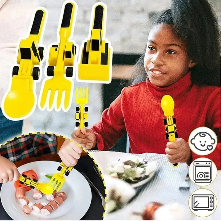 Yellow construction-vehicle cutlery shown alongside children using the utensils at mealtime.