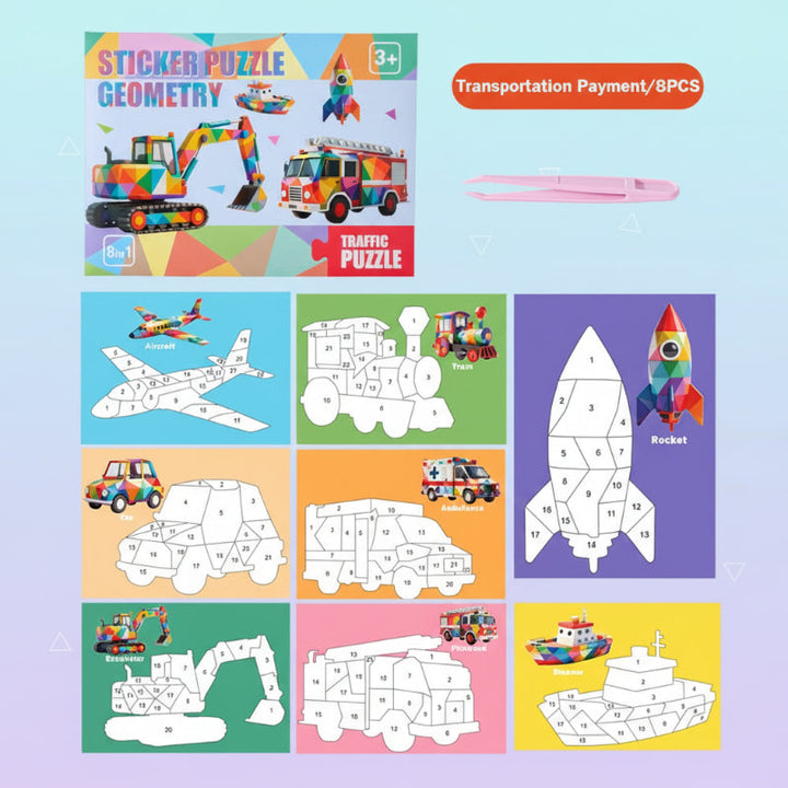 Vehicle-themed sticker puzzle set with eight designs, including a rocket, train, and boat