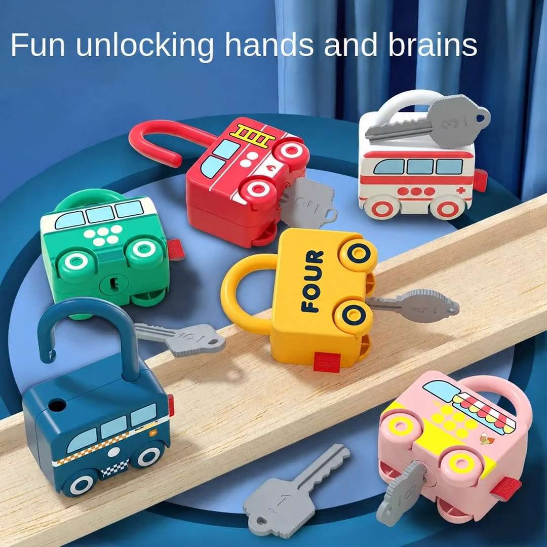 Vehicle-shaped locks with open loops and gray keys arranged on and beside a wooden tray.