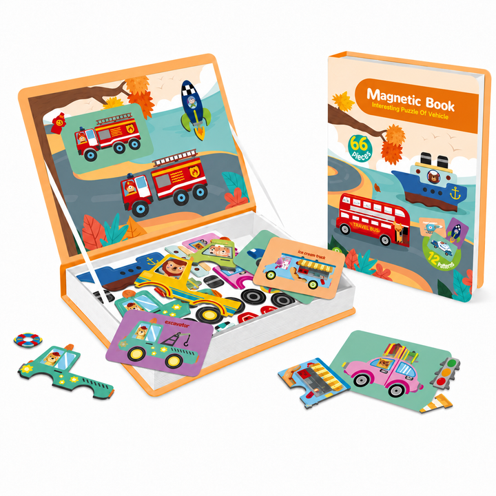 Vehicle magnetic puzzle book with cars, fire trucks, and matching example cards
