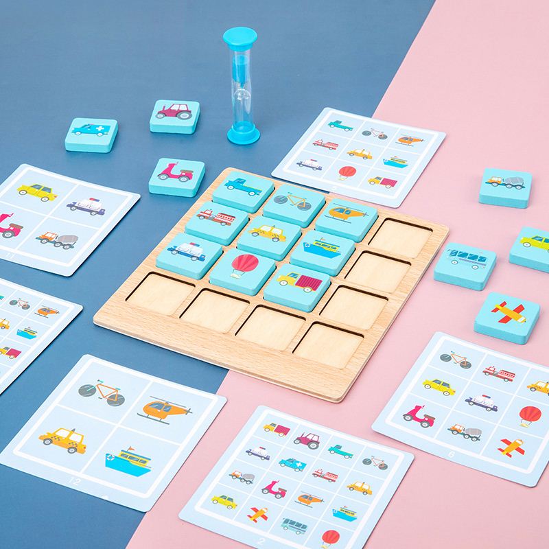 Vehicle-pattern memory game with a wooden board, picture tiles, pattern cards, and a sand timer