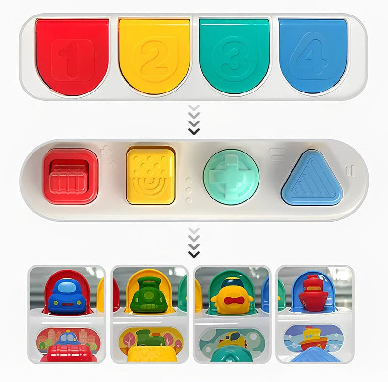 Diagram showing numbered lids, differently shaped controls, and four pop-up vehicles
