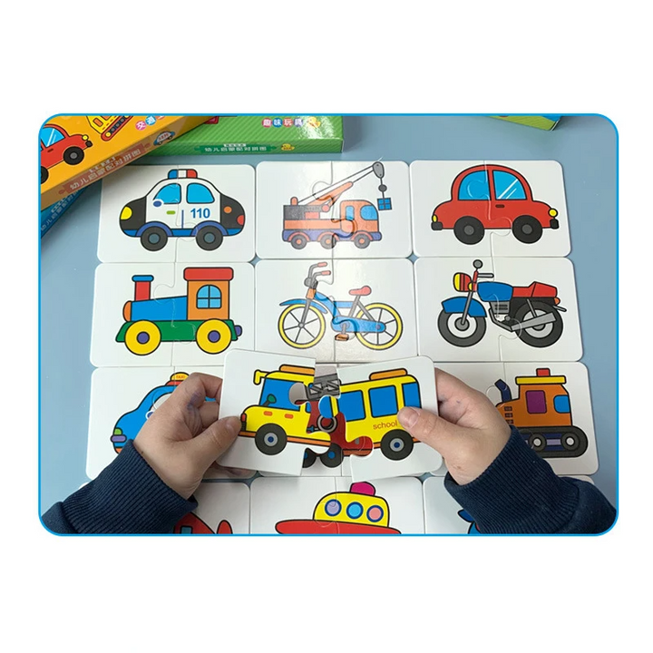 Hands holding vehicle puzzle pieces above cards showing cars, bicycles, and trains