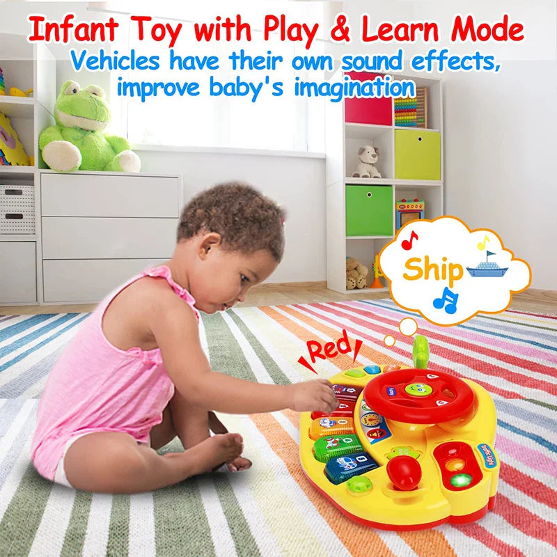 Child exploring the yellow steering wheel toy, with graphics highlighting vehicle sounds and learning mode