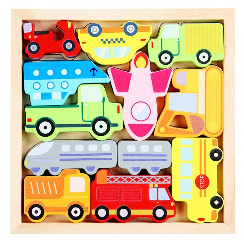 Wooden vehicle puzzle with colorful car, truck, bus, airplane, and train pieces