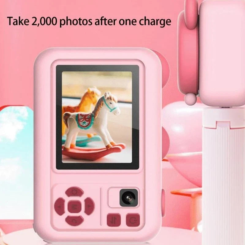 Vertical rear view of the pink camera beside a close-up of its stand connection