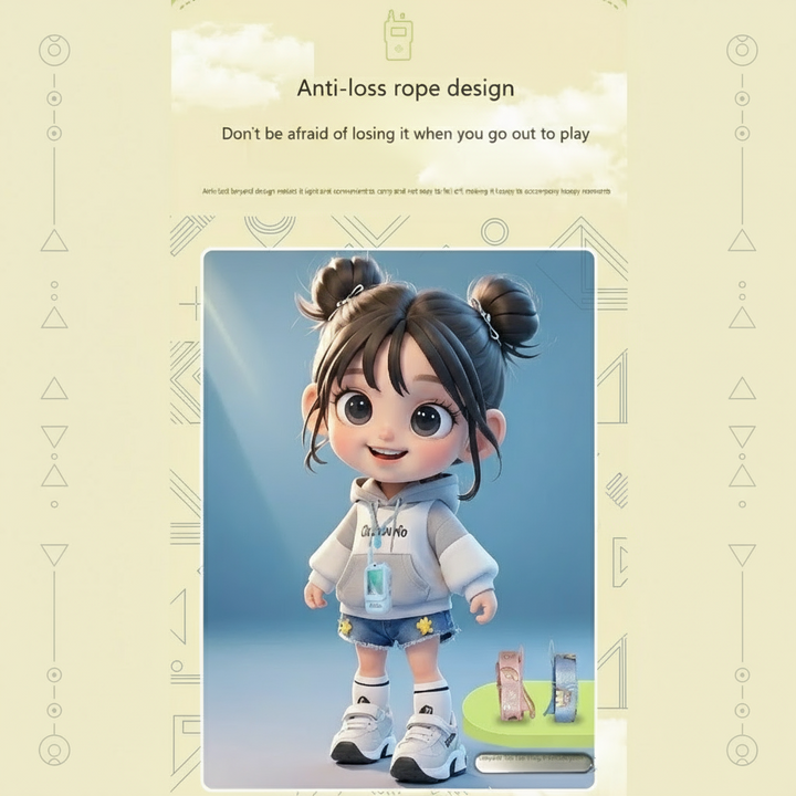 Carrying strap illustration with a cartoon child and pink and blue video intercoms