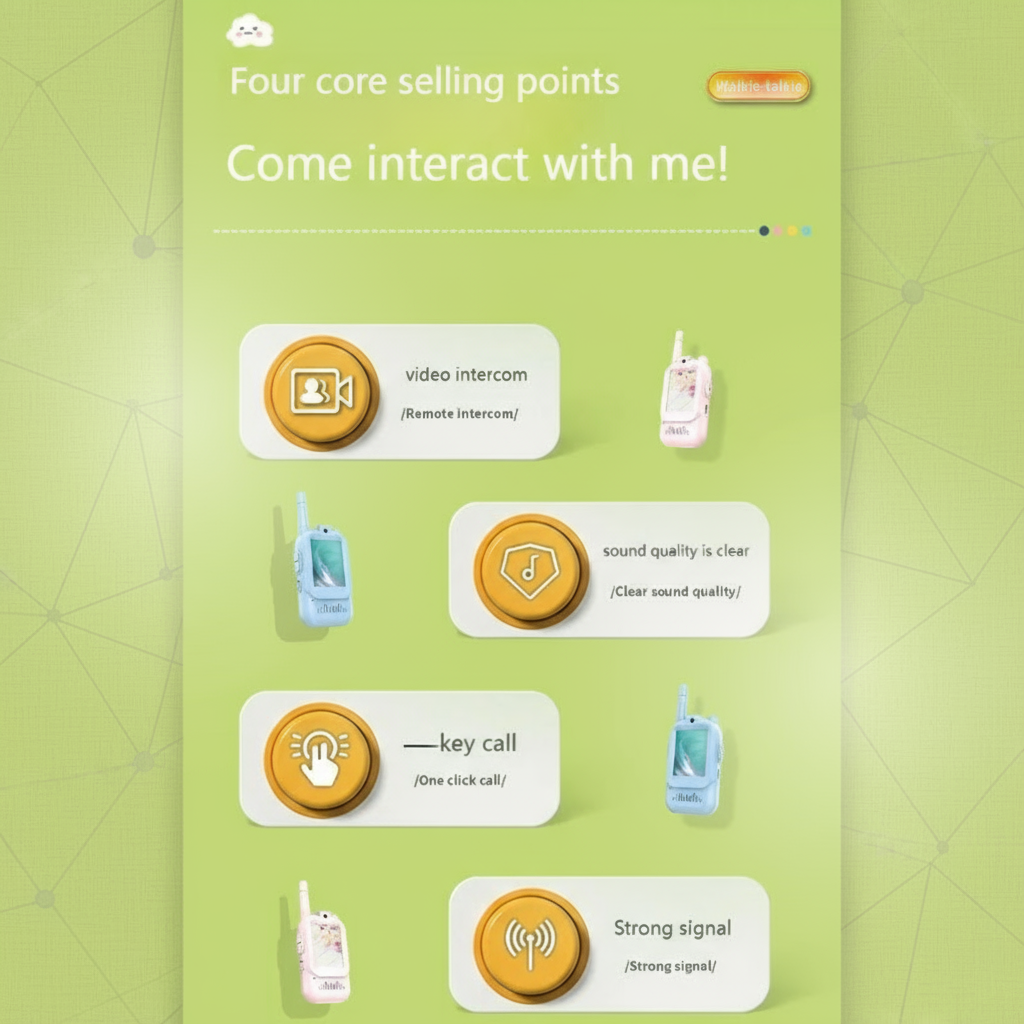 Feature chart highlighting video calling, clear sound, one-button calls, and signal