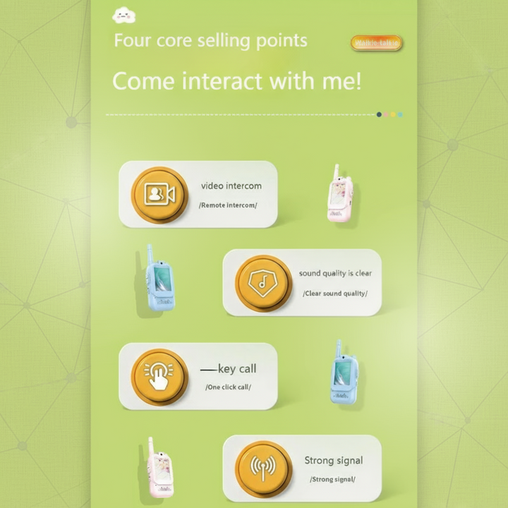 Feature chart highlighting video calling, clear sound, one-button calls, and signal
