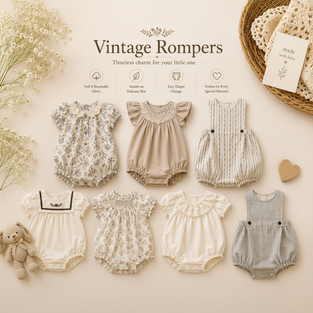 Seven vintage-style baby rompers in floral, striped, checked, and solid designs.