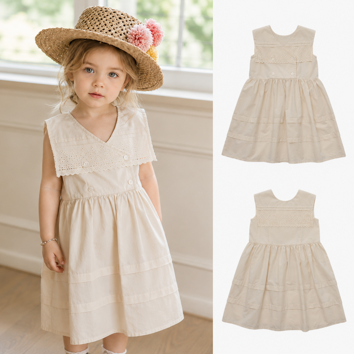 Girl wearing a cream V-neck dress beside front and back views of the sleeveless design