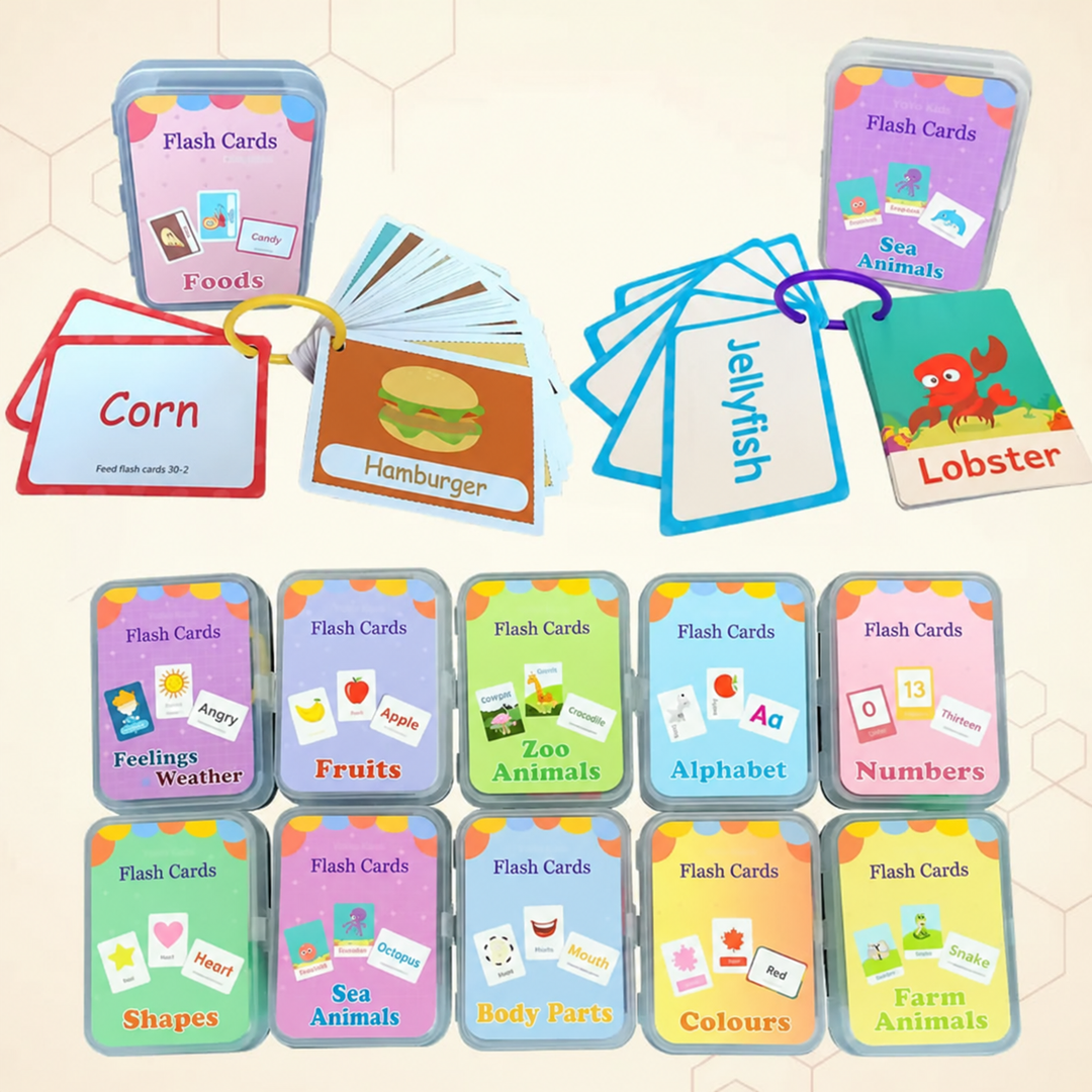 Food and sea animal flash cards on rings above an assortment of themed storage cases.