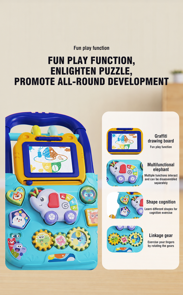 Blue walker activity panel with drawing board, elephant toy, shape pieces, and gears