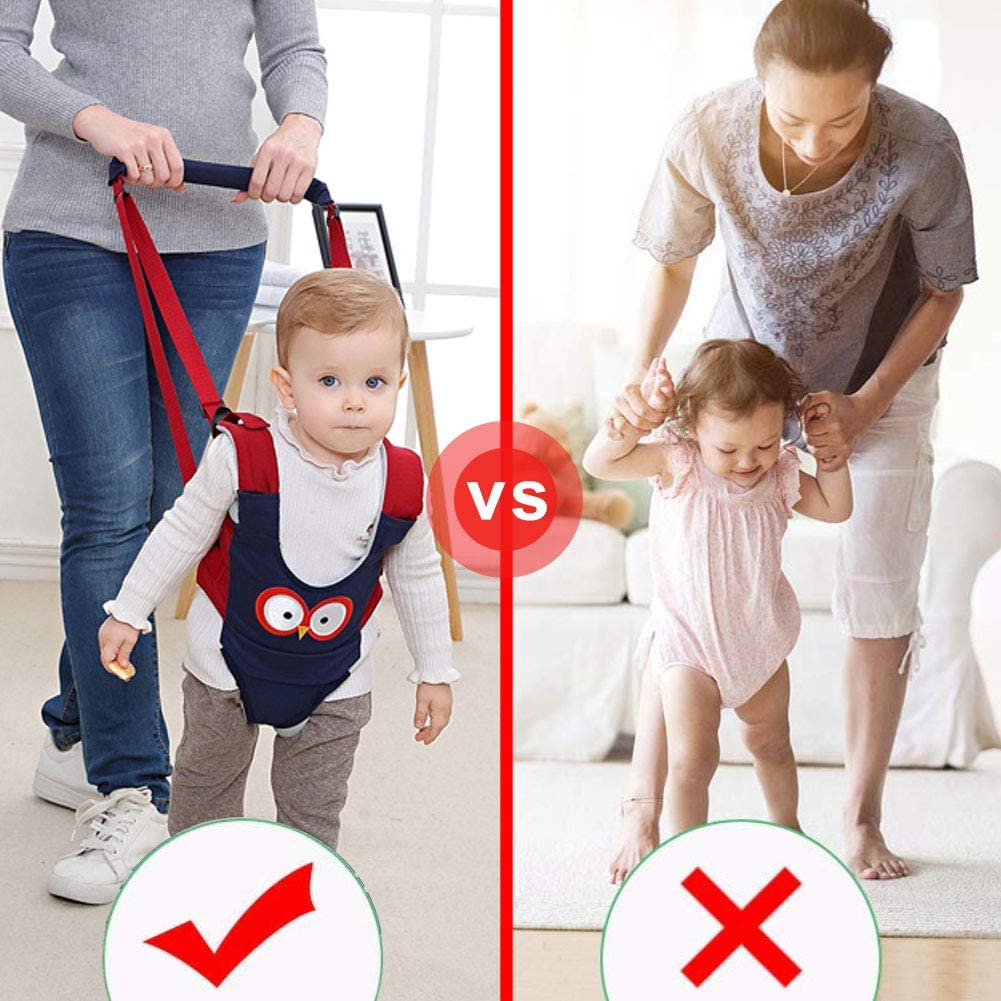 Caregivers guiding children with a walking harness and by holding their hands