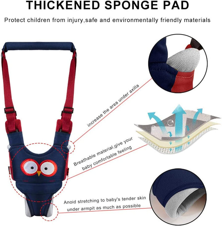 Blue walking harness with close-ups of the padded body and lining