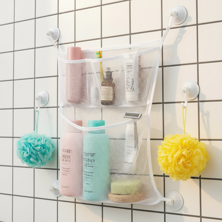Wall-mounted white mesh organizer holding bottles beside two bath puffs