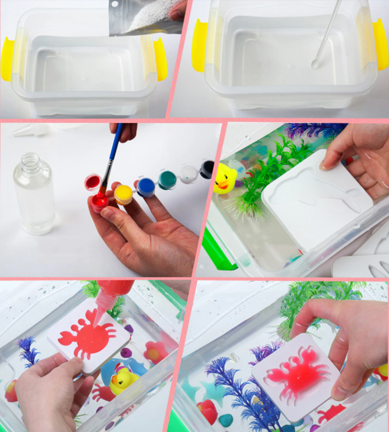 Step-by-step collage showing water preparation, adding color, and using a crab-shaped mold