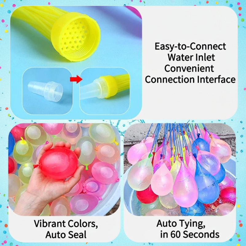 Close-ups of the hose connector, filled balloons, and connected filling tubes