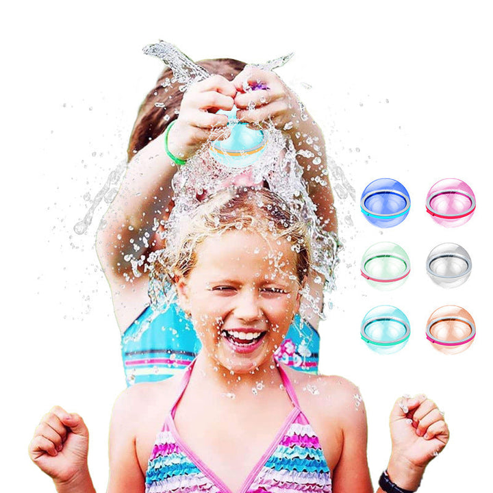 A child being splashed with water from a balloon, beside six balloon color examples