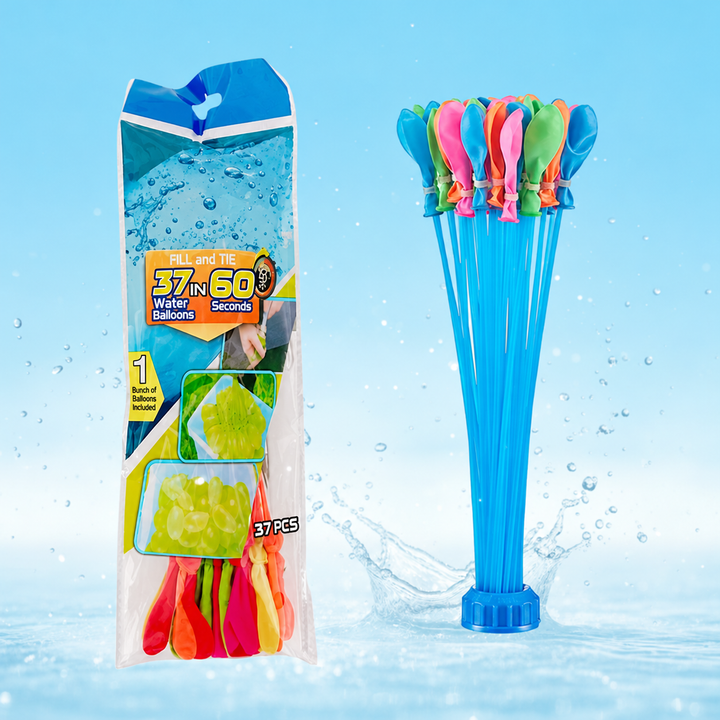 Packaged 37-piece water balloon bunch beside blue filling tubes with unfilled balloons