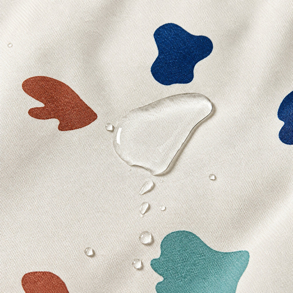 Water droplets beading on the cream printed outer fabric.