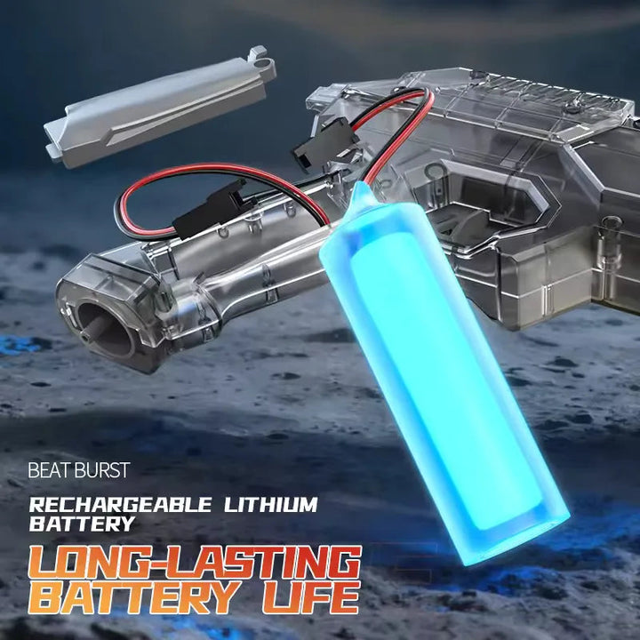 Open water gun battery compartment with a rechargeable battery and connected wires