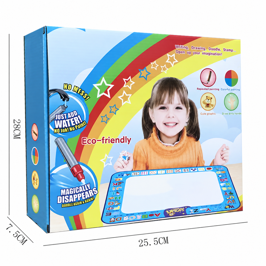 Water drawing mat box with a rainbow design and package measurements