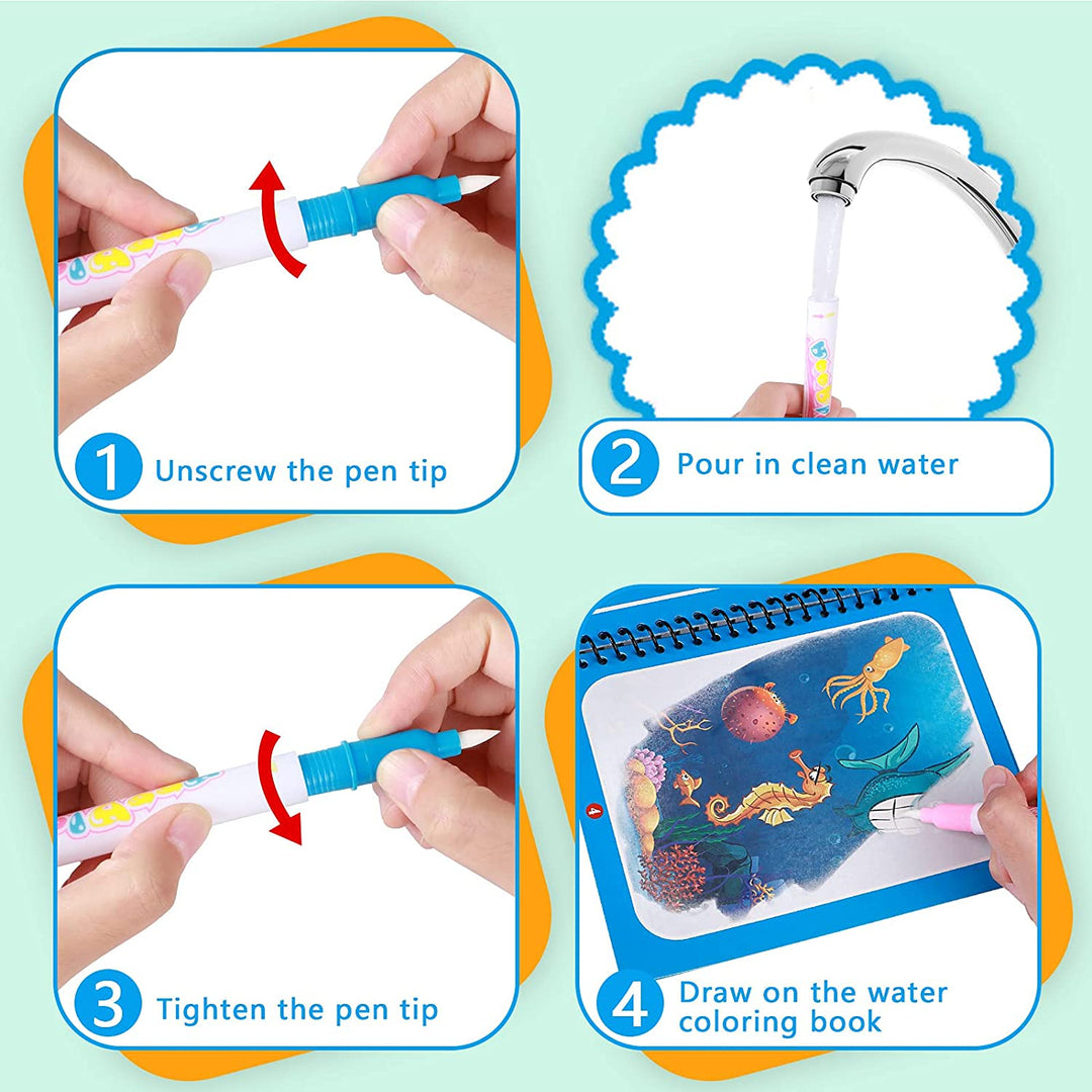 Four-step guide to filling a water pen and using it on an underwater coloring page.