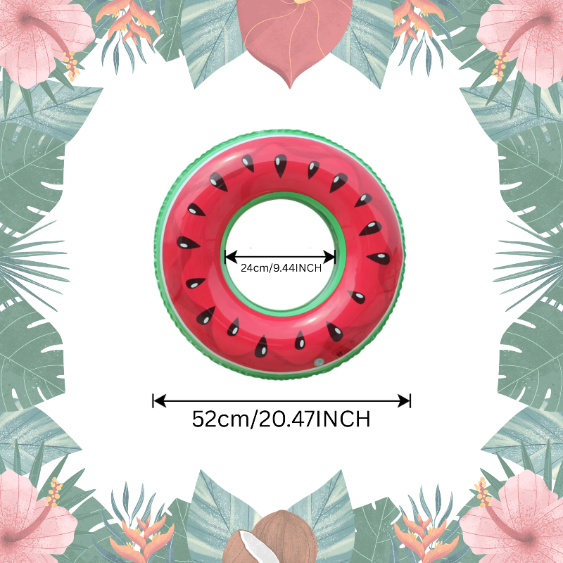 Watermelon swim ring with a 52 cm outer diameter and a 24 cm inner opening.