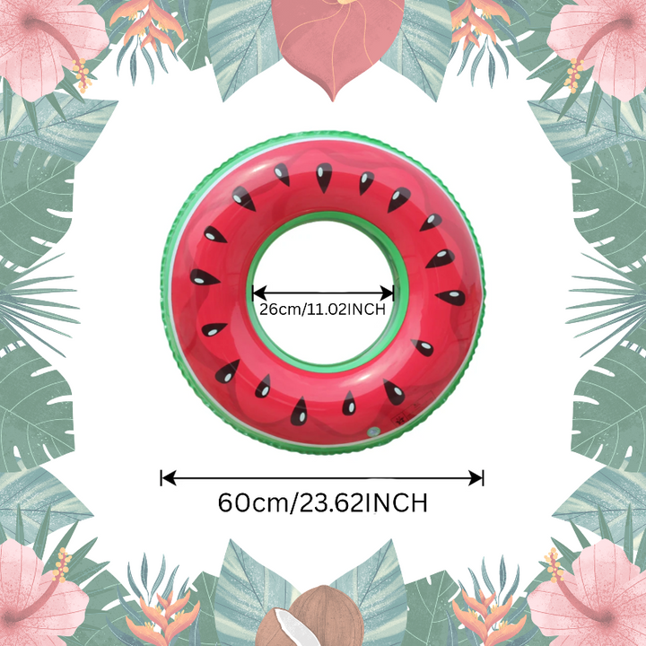 Watermelon swim ring with a 60 cm outer diameter and a 26 cm inner opening.