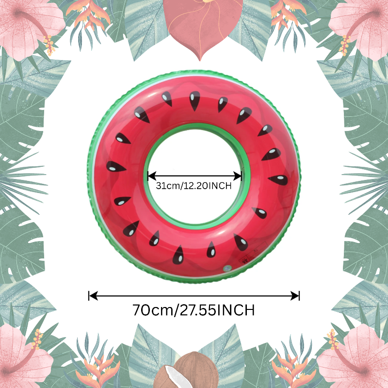 Watermelon swim ring with a 70 cm outer diameter and a 31 cm inner opening.