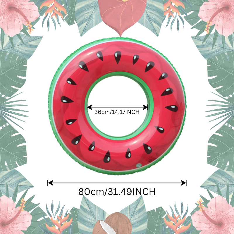 Watermelon swim ring with an 80 cm outer diameter and a 36 cm inner opening.