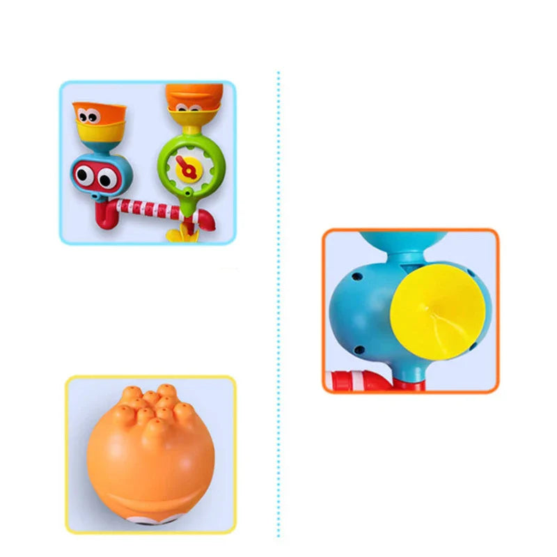 Bath toy detail collage with a wall-mounted view, rear attachment, and rounded orange accessory