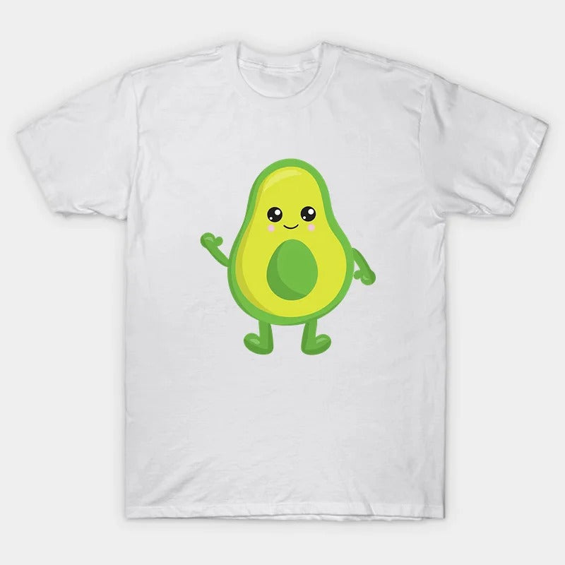 White T-shirt with a waving avocado character and green center