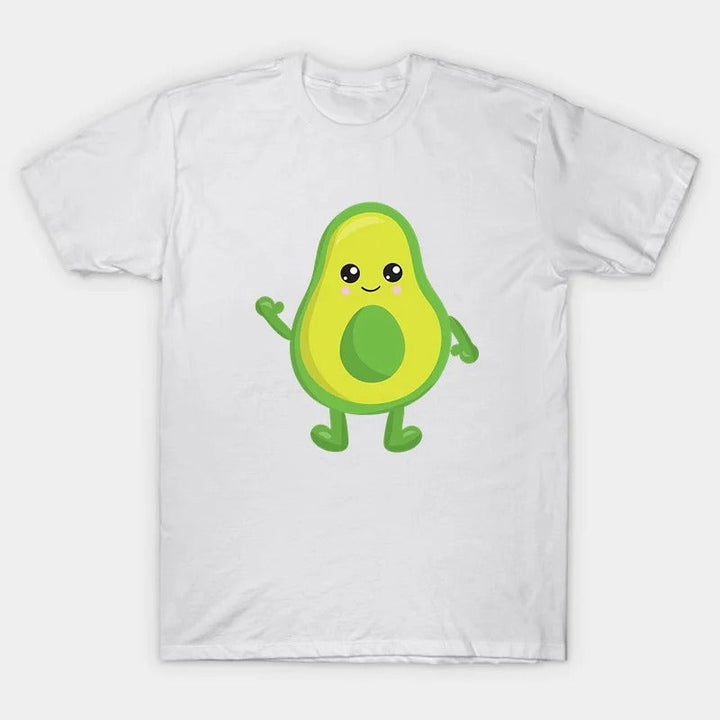 White T-shirt with a waving avocado character and green center