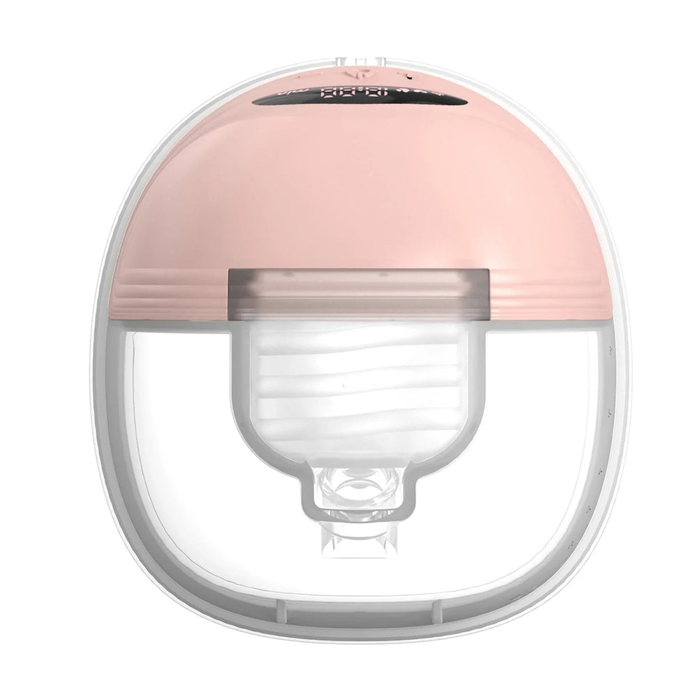 Front view of a pink hands-free breast pump with a clear collection cup