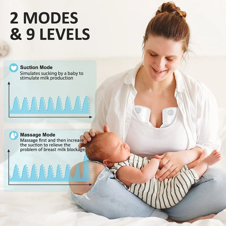 Mother wearing breast pumps while holding her baby, with two modes and nine levels illustrated