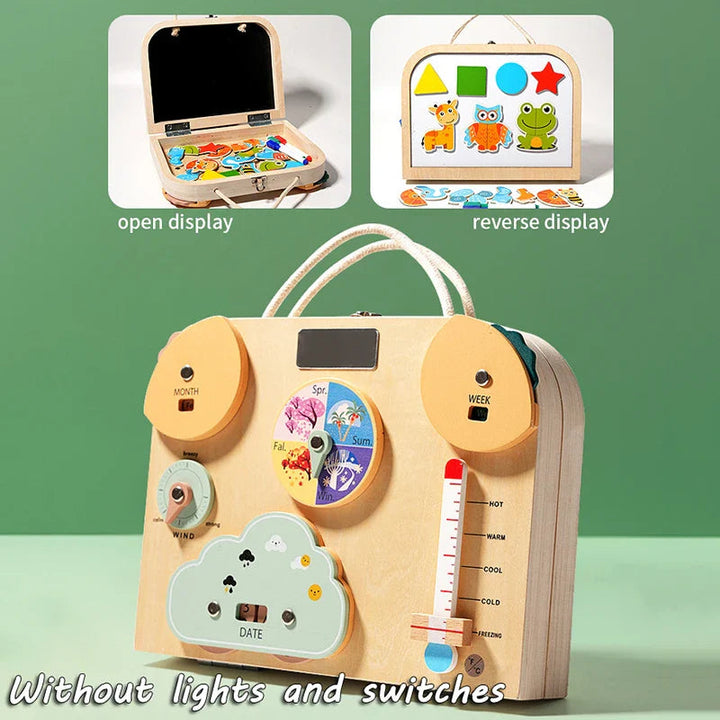 Weather activity case with rotating dials and a temperature slider, plus open and reverse views.
