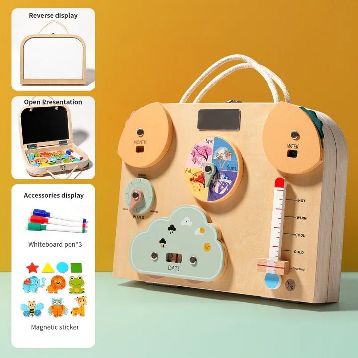 Weather wooden case with season and wind dials, a temperature slider, and whiteboard and accessory insets.
