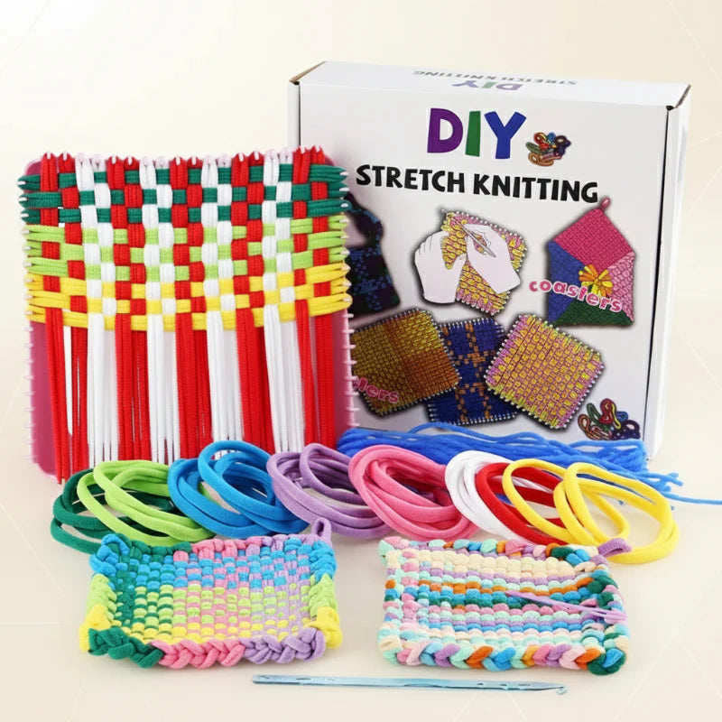 Weaving kit with a loom, colorful loops, tools, woven squares, and box