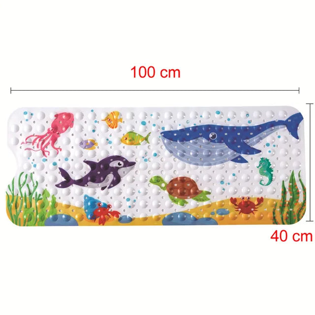 Whale bath mat with sea creatures, plants, and 100 x 40 cm dimensions