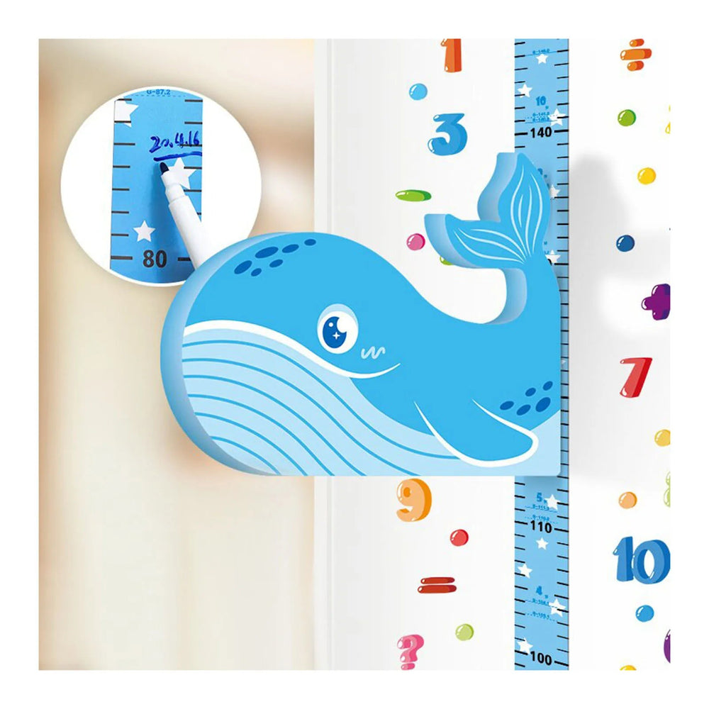 Blue whale character on a height chart with colorful numbers and a close-up of the scale