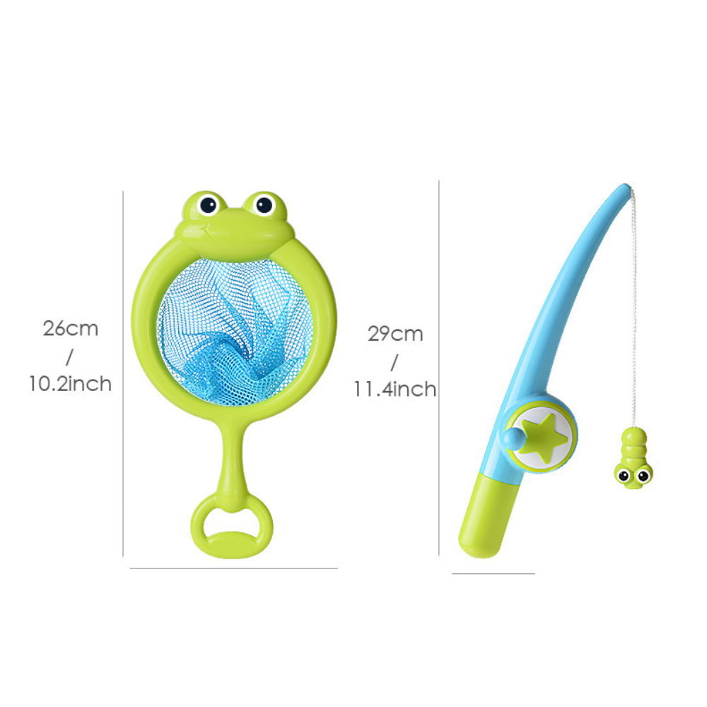 Measurement diagram showing a 26 cm frog-shaped net and a 29 cm fishing rod.