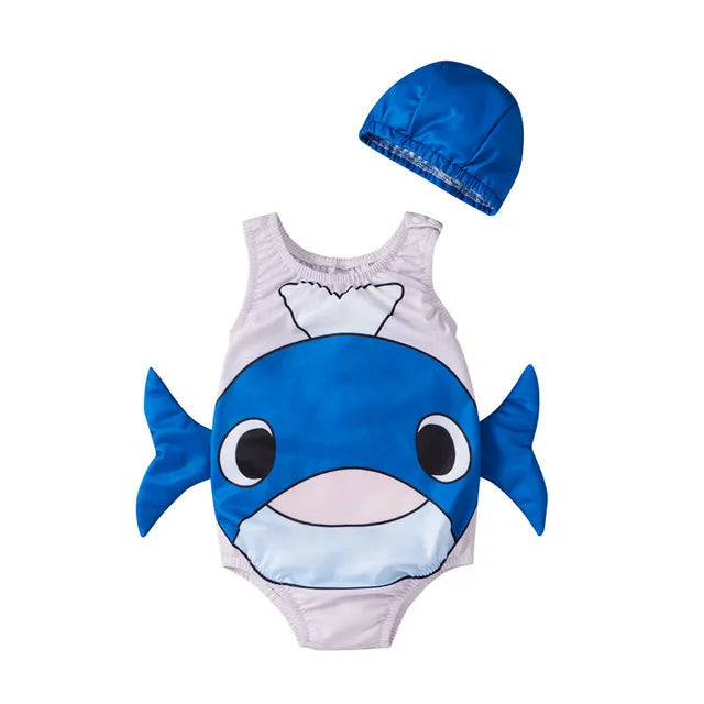 Blue whale one-piece swimsuit and blue swim cap on a white background