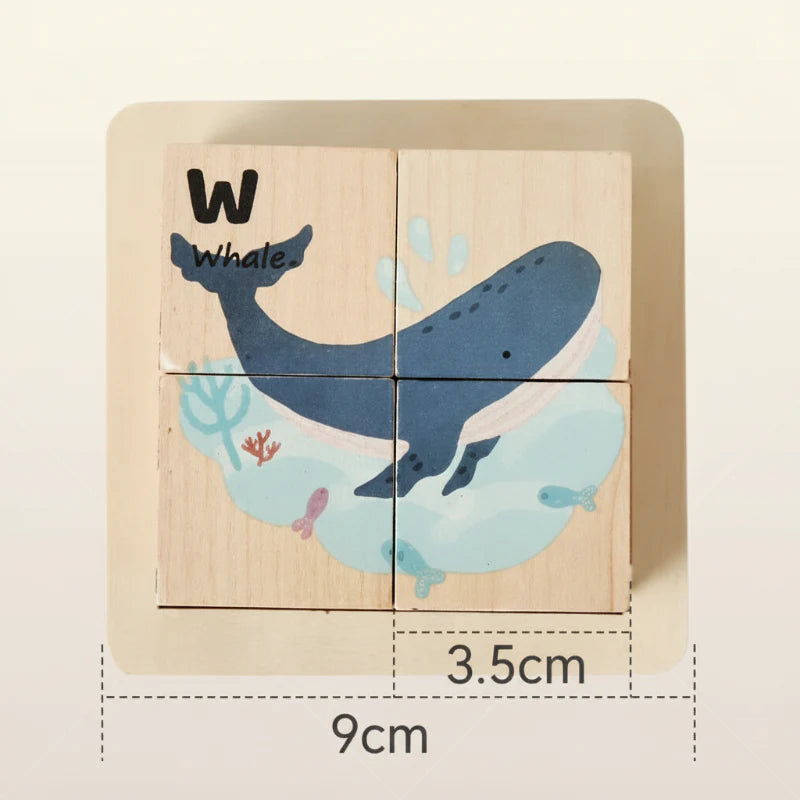 Whale wooden block puzzle with 9 cm and 3.5 cm measurements marked