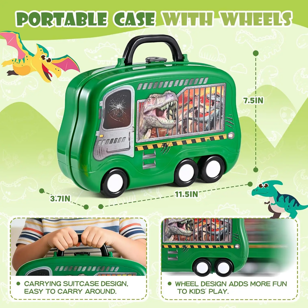 Green wheeled dinosaur carry case with handle and measurements of 11.5 by 3.7 by 7.5 inches